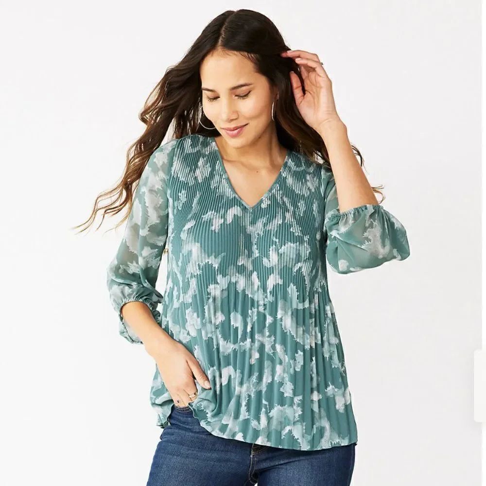 NWT Nine West Sz L Floral Print Green white Floral Chiffon Balloon Sleeve Pleate
